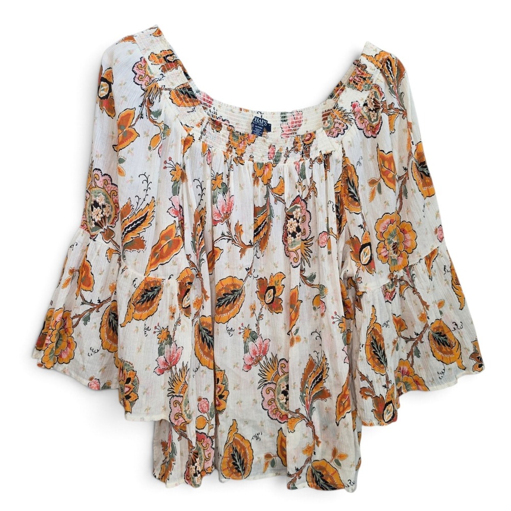 Chaps Top Womens XL Orange Floral Smocked Neck Bell Sleeve Boho Peasant Blouse